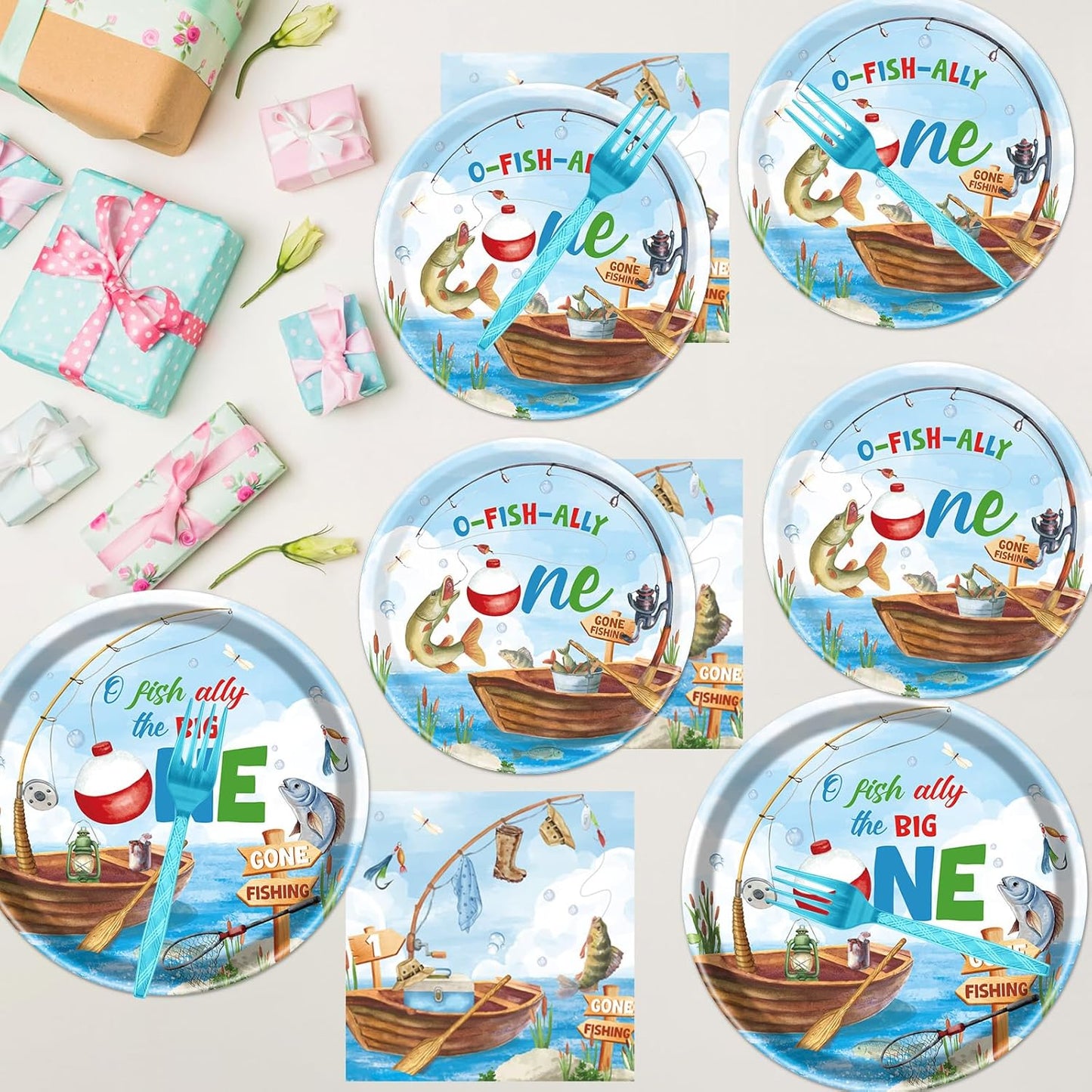 Rakuto Ofishally One Birthday Party Decorations, 96Pcs O Fishally One First Bday Paper Plates and Napkins Tableware Decoration Gone Fishing 1st Forks Decor Fish Themed 1 Years Old Supplies, Serve 24