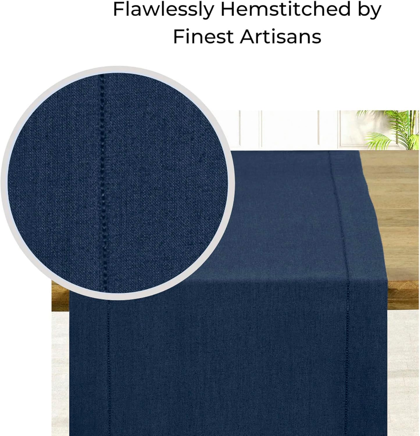 D'Moksha Homes Linen Navy Blue Table Runner 132 Inches Long - 100% Pure Linen Extra Long Table Runner 14 x 132 Inch for Fall, Autumn and Halloween - Classic Hemstitch