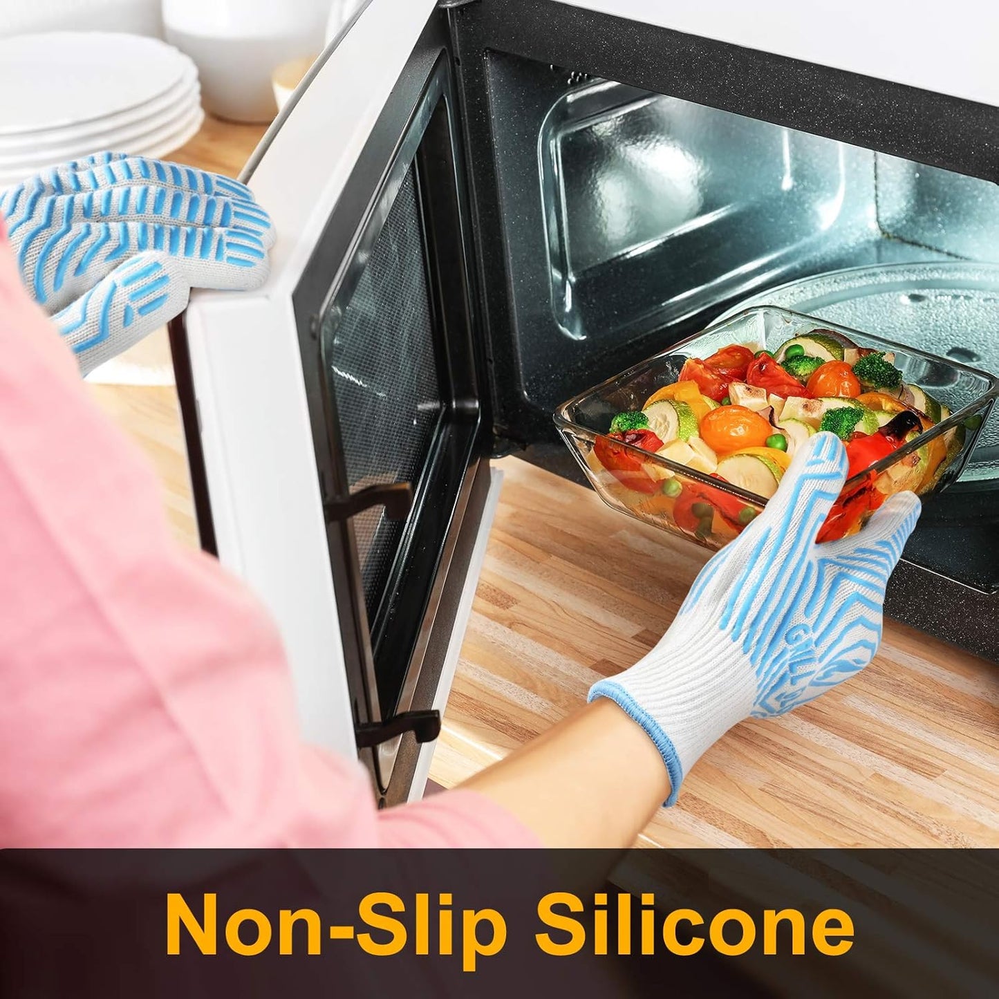 QUWIN BBQ Gloves, Oven Gloves 1472℉ Extreme Heat Resistant, Grilling Gloves Silicone Non-Slip Oven Mitts, Kitchen Gloves for BBQ, Grilling, Cooking, Baking-1 Pair… (Blue, One Size Fits Most)