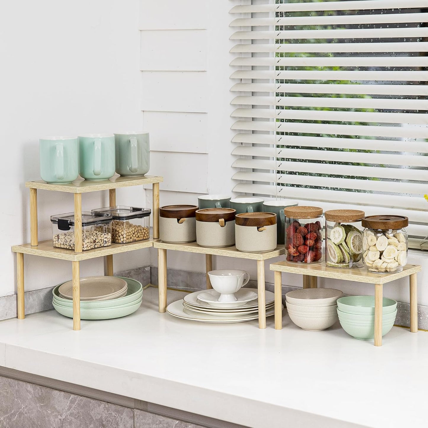 Wood Cabinet Organizer Shelf, Set of 4 Kitchen Counter Shelves, Stackable Spice Organization for Cabinet, Pantry Cupboard Dish Mug Cup Storage Shelf