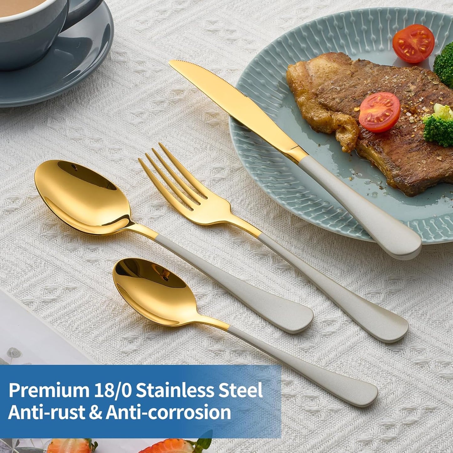 20-Piece Off white & Gold Silverware Set, 18/0 Stainless Steel Colorful Handle Flatware Set,Service for 4,Modern Cutlery Set Includes Dinner Knives Forks Spoons,Mirror Polished,Dishwasher Safe