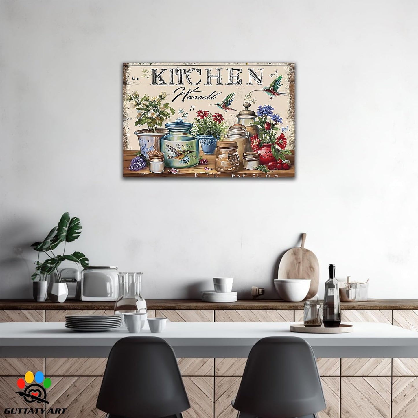 GUTTATY Farmhouse Wall Art Rustic Kitchen Decor, Ready to Hang Kitchen Canvas Print Colorful Flowers And Bird,Vintage Posters Prints for Dinning Room Home Kitchen Restaurant Painting 24×36 Inch