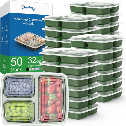 50 Pack (100-Piece) 32 oz Meal Prep Containers Reusable with Lids 3-Compartment, To Go Take Out Plastic Food Storage Containers, Sturdy Leakproof Food Safe, Microwave Freezer Dishwasher Safe, Green