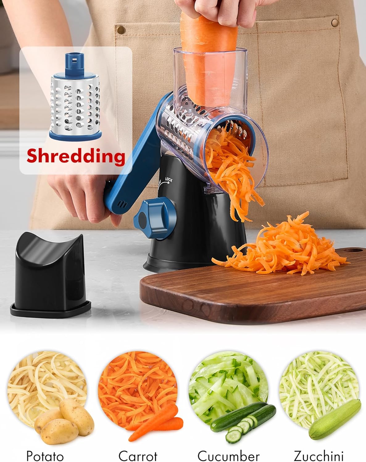 Cheese Grater Rotary, Rotary Grater for Kitchen, Kitchen Vegetable Slicer with 3 Drum Blades, Fast Cutting Cheese Shredder for Vegetables and Nuts