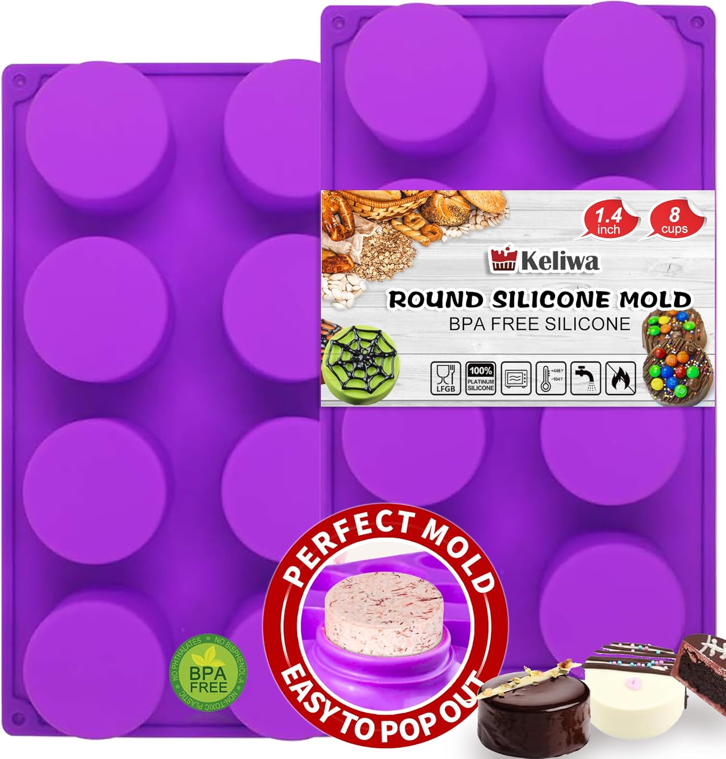 12 Cavity Silicone Chocolate Cookie Molds, Chocolate Covered Cake Molds, Baking Molds for Mini Cakes, Jelly - 2 pcs