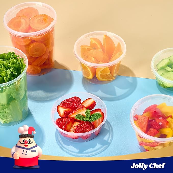 JOLLY CHEF Deli Food Storage Containers with Lids: [48 Sets 3 Sizes] 8 oz, 16 oz, 32 oz Plastic Soup Containers, BPA-free, leak-proof, Takeout Meal Prep Storage