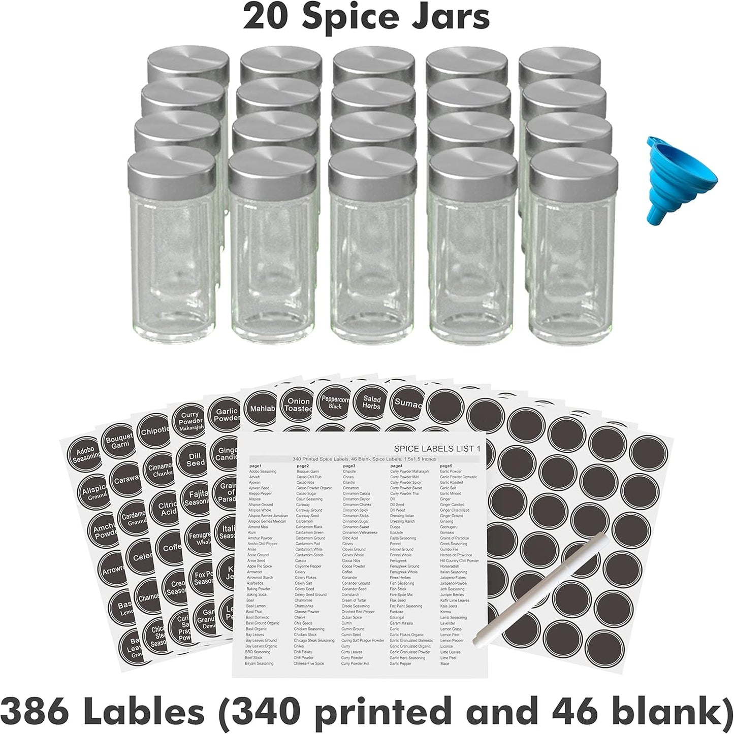 New England Stories Revolving Spice Rack Set with 20 Spice Jars, Kitchen Spice Tower Organizer for Countertop or Cabinet - Carousel Storage Includes 386 Spice Labels (Black)