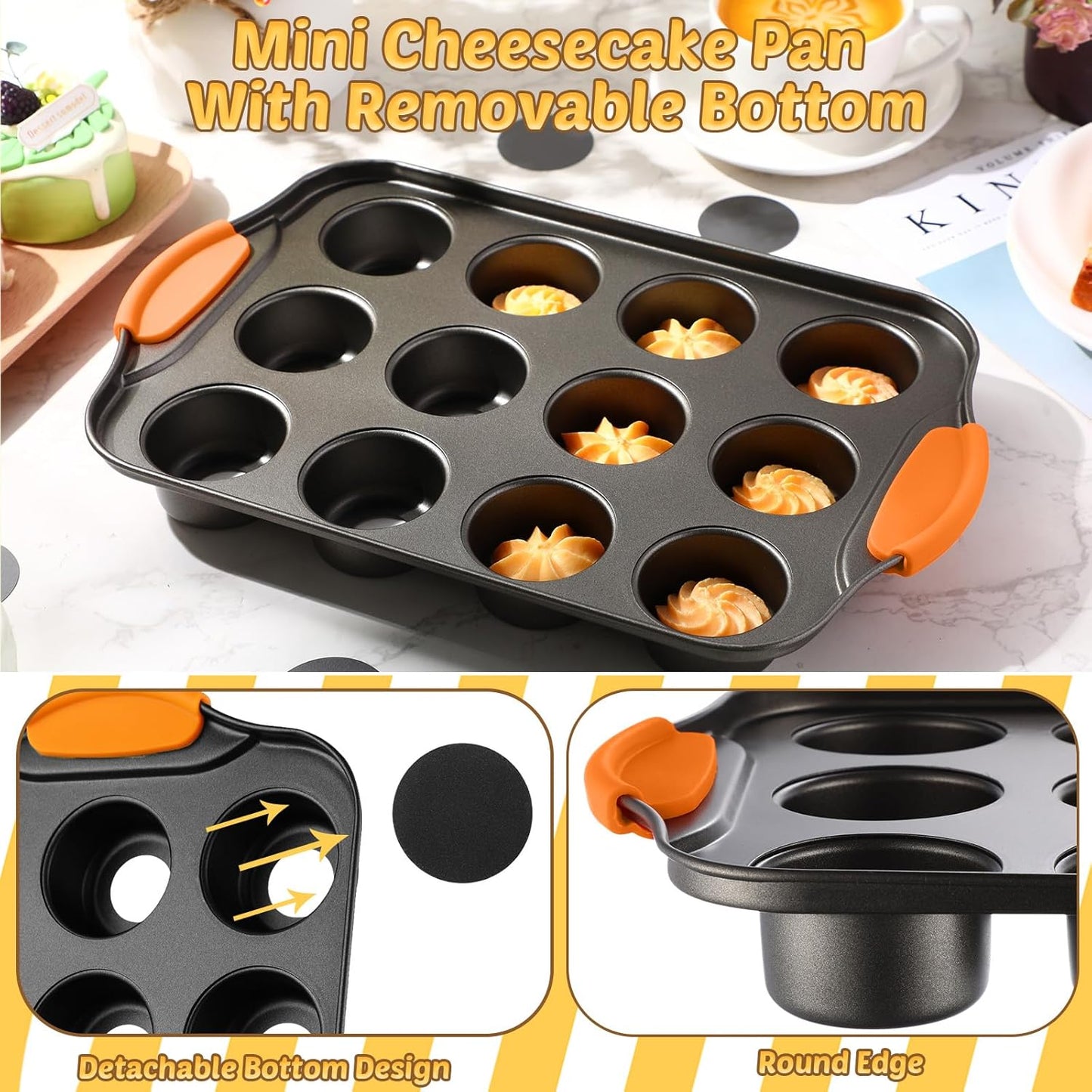 Uiifan 3 Pack Mini Cheesecake Pans Removable Bottom 12 Cavity Mini Cupcake Pan with Silicone Handle Nonslip Anti Heat Nonstick Carbon Steel Muffin Mold 13 x 8 Baking Molds(Orange)