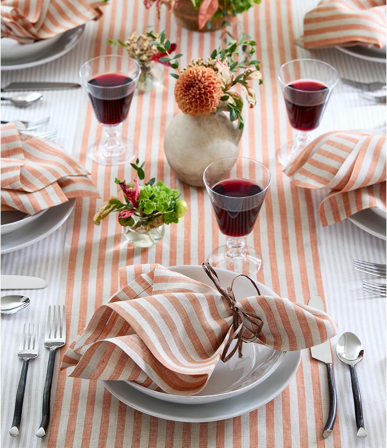 Solino Home Table Runner 108 Inches Long - Amalfi Stripe, 100% Pure Linen Pumpkin and Natural Table Runner 14 x 108 Inch for Dining, Fall, Autumn, Halloween, Thanksgiving