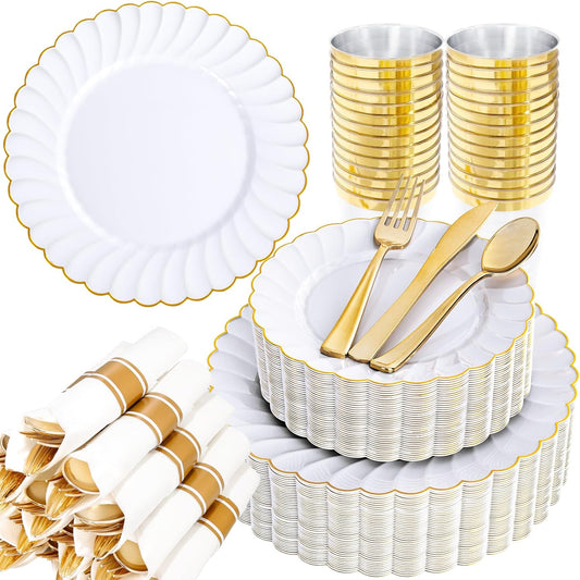 YOUBET 350PCS Gold Scalloped Plastic Plates - White and Gold Disposable Dinnerware Set Include 100 Plates, 150 Gold Silverware, 50 Cups, 50 Napkins for Wedding & Party & Thanksgiving