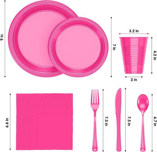 Party Solids 350 Pieces Cerise Plastic Plates For Party, Cerise Disposable Plates Set, 50 Of Each 9" Dinner Plate Set, 7" Dessert Plate, Cups, Napkins & Cutlery Plastic Dinnerware