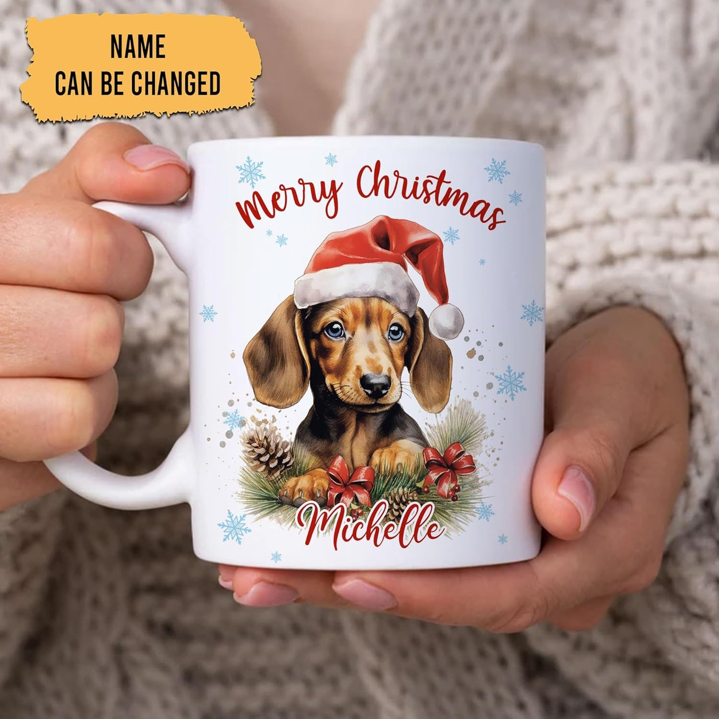 Hyturtle Personalized Gifts Dog Lover - Dachshund Merry Christmas Custom Name Ceramic Coffee Mug Cup 11oz - Cute Animal Lovers Gifts For Women, Girl kids Family On Birthday, Christmas