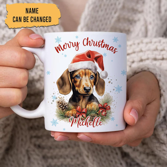 Hyturtle Personalized Gifts Dog Lover - Dachshund Merry Christmas Custom Name Ceramic Coffee Mug Cup 11oz - Cute Animal Lovers Gifts For Women, Girl kids Family On Birthday, Christmas