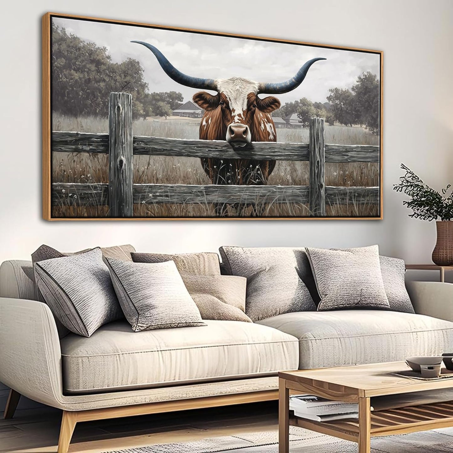 Highland Cow Wall Art - Rustic Farmhouse Wall Art for Country Wall Decor, Vintage Artwork for Walls, Framed Pictures for Living Room, Large Canvas painting for Bedroom Above Bed 29×58IN