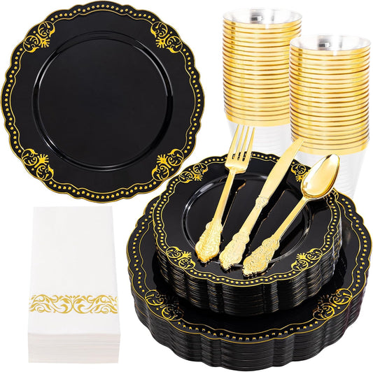 Ciaell 175 PCS Black and Gold Plastic Plates - Black Disposable Dinnerware Set with 50 Plates, 25 Knives, 25 Forks, 25 Spoons, 25 Cups, 25 Napkins for Halloween, New Year’s Day, Parties and Weddings