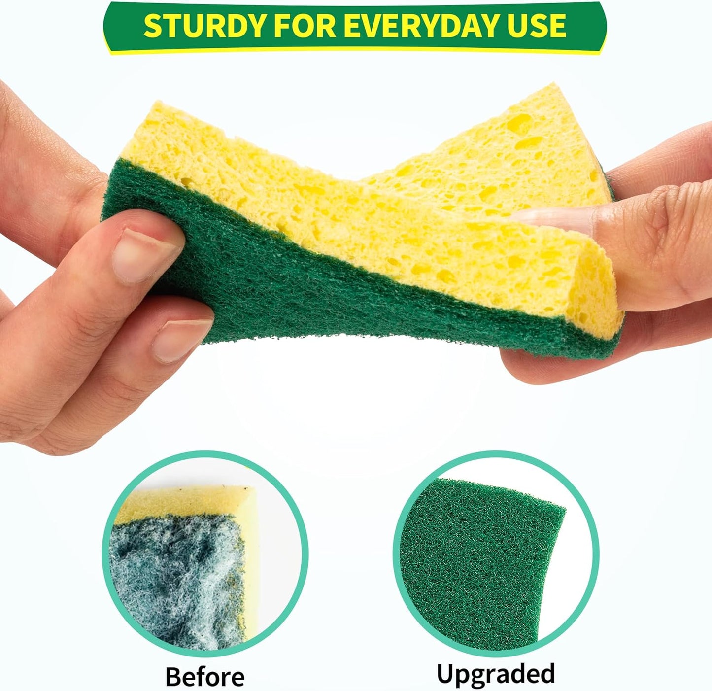 HOMERHYME Heavy Duty Sponges, 12 Pack Cellulose Scrub Sponge, Dual-Sided Kitchen Sponge, Multipurpose Sturdy Ergonomic Design for Kitchen Dishwashing, Uncoated Cookware, Sink, and Countertops