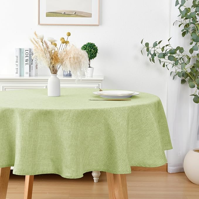 JIUZHEN Round Table Cloth Faux Linen Farmhouse Tablecloth Wrinkle and Stain Resistant Decorative Fabric Table Cover for Kitchen, Dining Room, Parties and Camping, Sage Green, 80 Inch Round