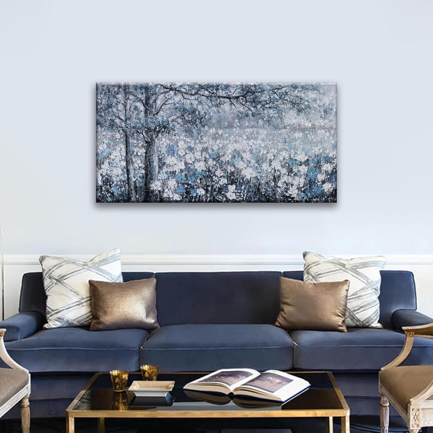 Wall Art for Living Room Blue And White Abstract Tree Flower Modern Artwork Canvas Painting Textured Tree Pictures Wall Decor Bedroom Dining Room Home Office Decor 24"x48" Ready to Hang