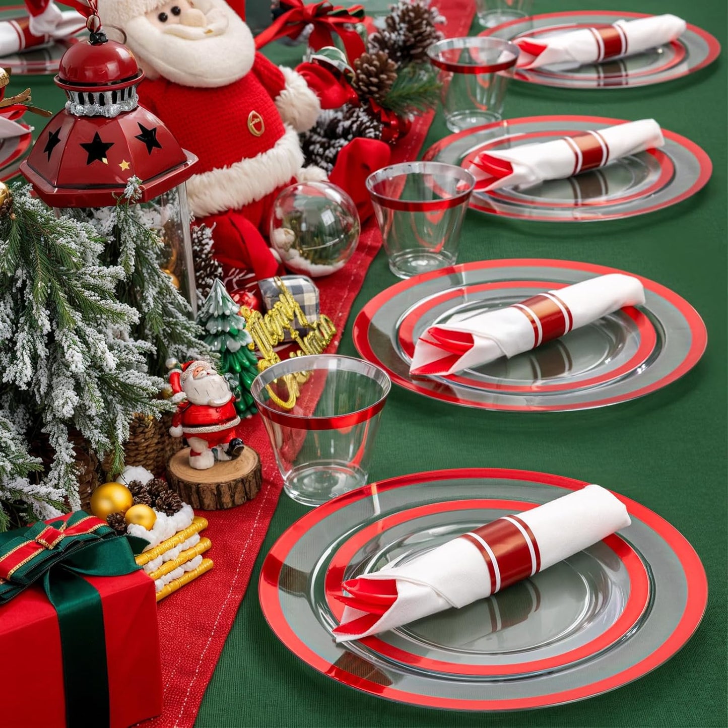 Liacere 350PCS Clear and Red Plastic New Year Plates and Napkins for 50Guests Plastic Dinnerware Set:100 Red Disposable Plates 50 Pre Rolled Napkins with Cutlery,50 Cups for Party＆Christmas