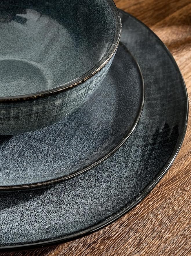 Famiware Moonlight Plates and Bowls Sets, 24 Pieces Stoneware Dinnerware Sets with Linen Finish, Dishware set for 8, Microwave and Dishwasher Safe, Chip and Scratch Resistant, Dark Blue