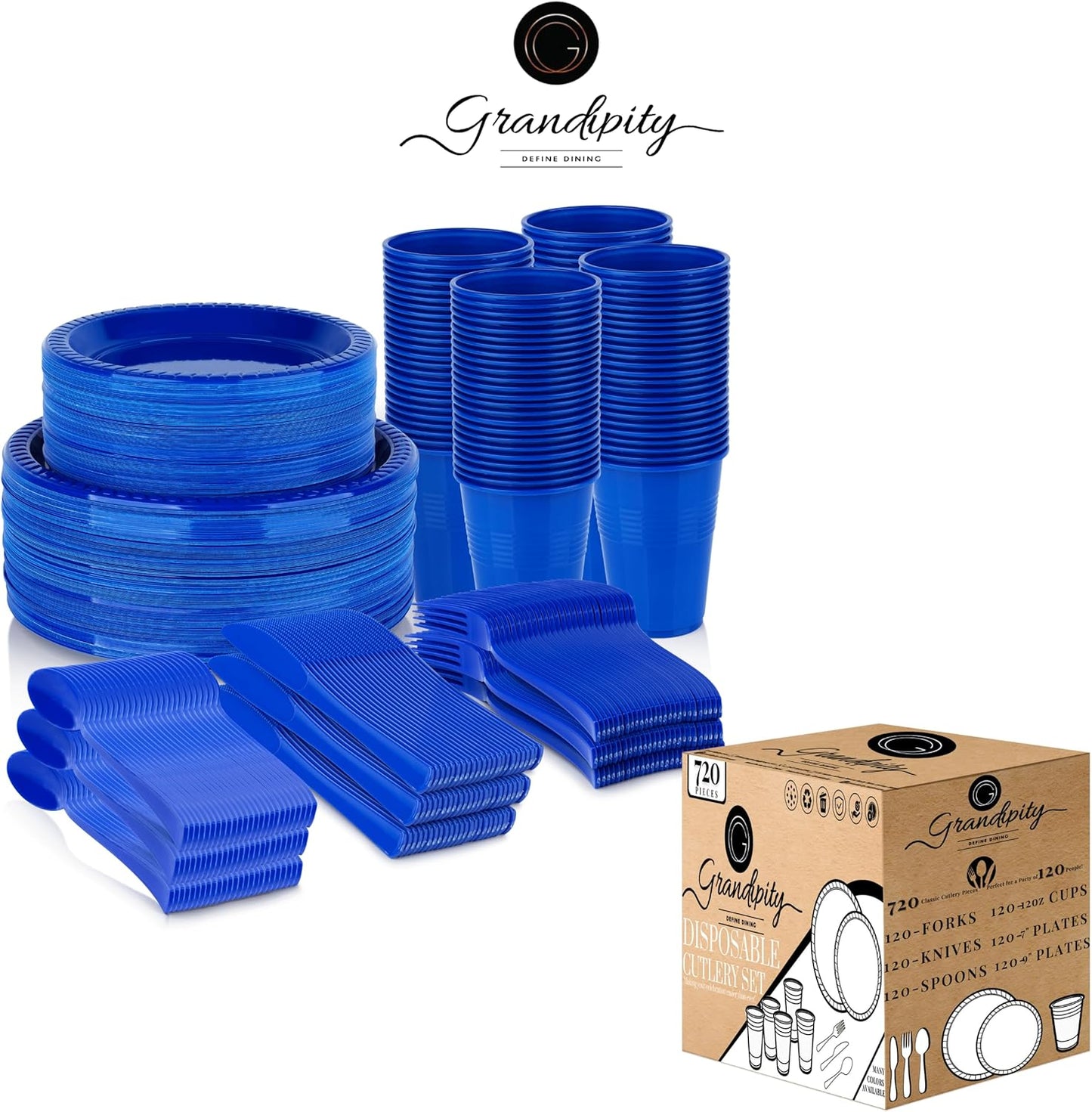 720 Piece Blue Disposable Dinnerware Set (120 Guests) Plastic Dinnerware Set Disposable - 120 Count, 9" Dinner Plates, 7" Dessert Plates, 12oz Cups, Forks, Knives & Spoons- Plastic Party Plates Set