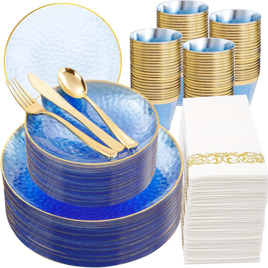 DaYammi 350PCS Clear Blue Gold Plastic Dinnerware Set for 50 Guests, Hammered Disposable Plates for Party, Include: 50 Dinner Plates, 50 Dessert Plates, 150 Gold Silverware, 50 Napkins, 50 Cups