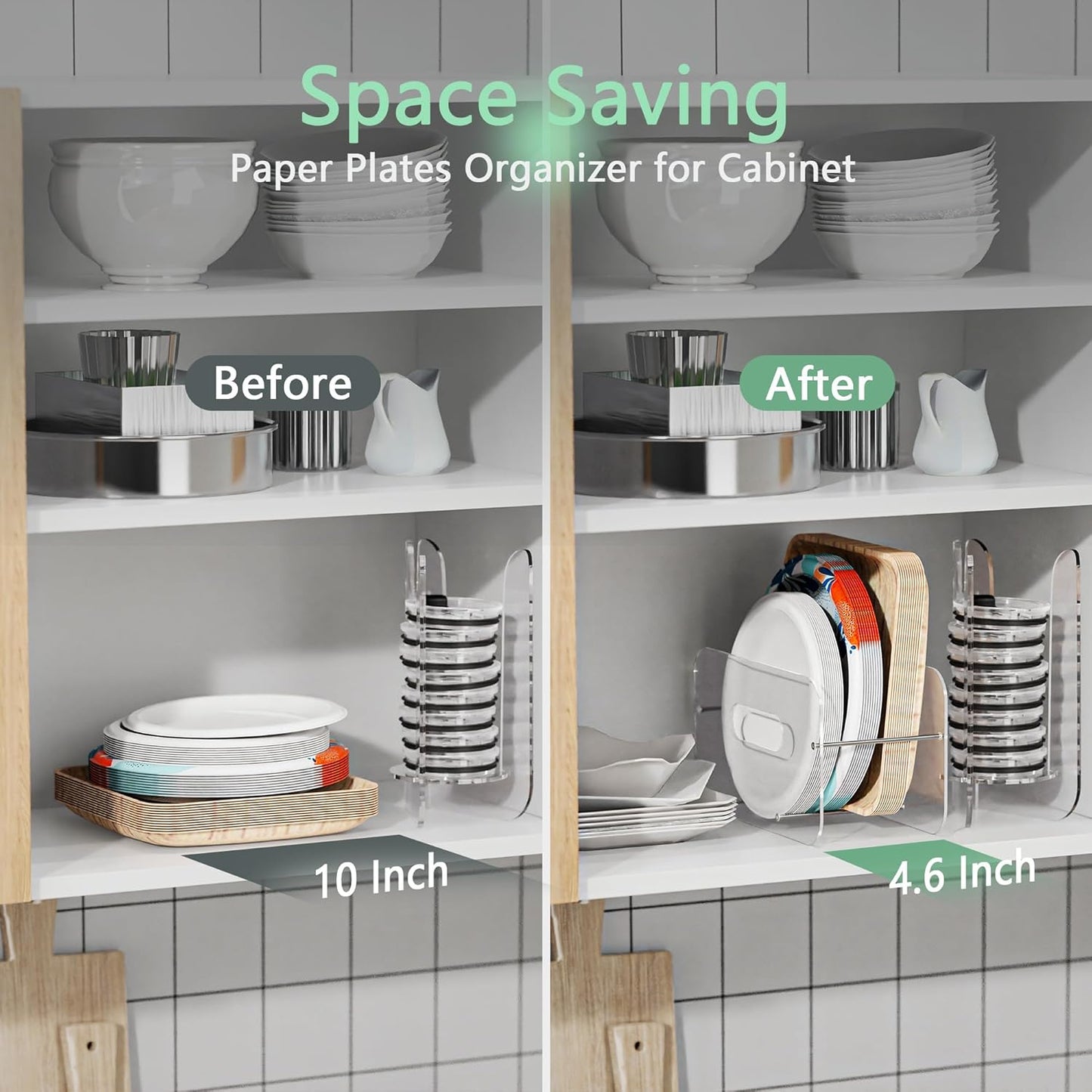 Round/Square Plastic, Foam & Paper Plate Dispenser, Space-Saving 7-12 Inch Disposable Plates Storage Organizer for Cabinet, Countertop, RV or Outdoor Use, Acrylic (Clear)