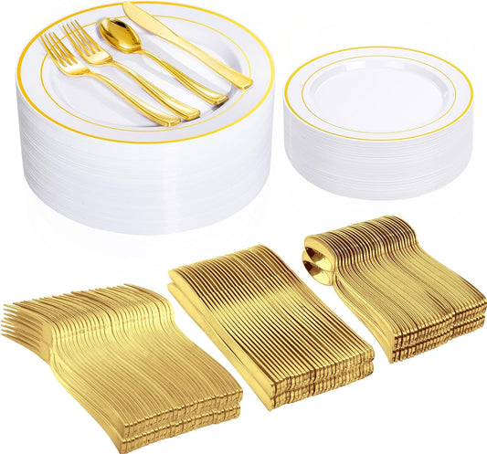 I00000 300 Pcs Gold Plastic Plates for 50 Guests.Disposable Dinnerware for Party,Plastic Dinnerware Set of 100 Plates,200 Gold Silverware Set(50 Spoons,50 Knives,100 Forks)