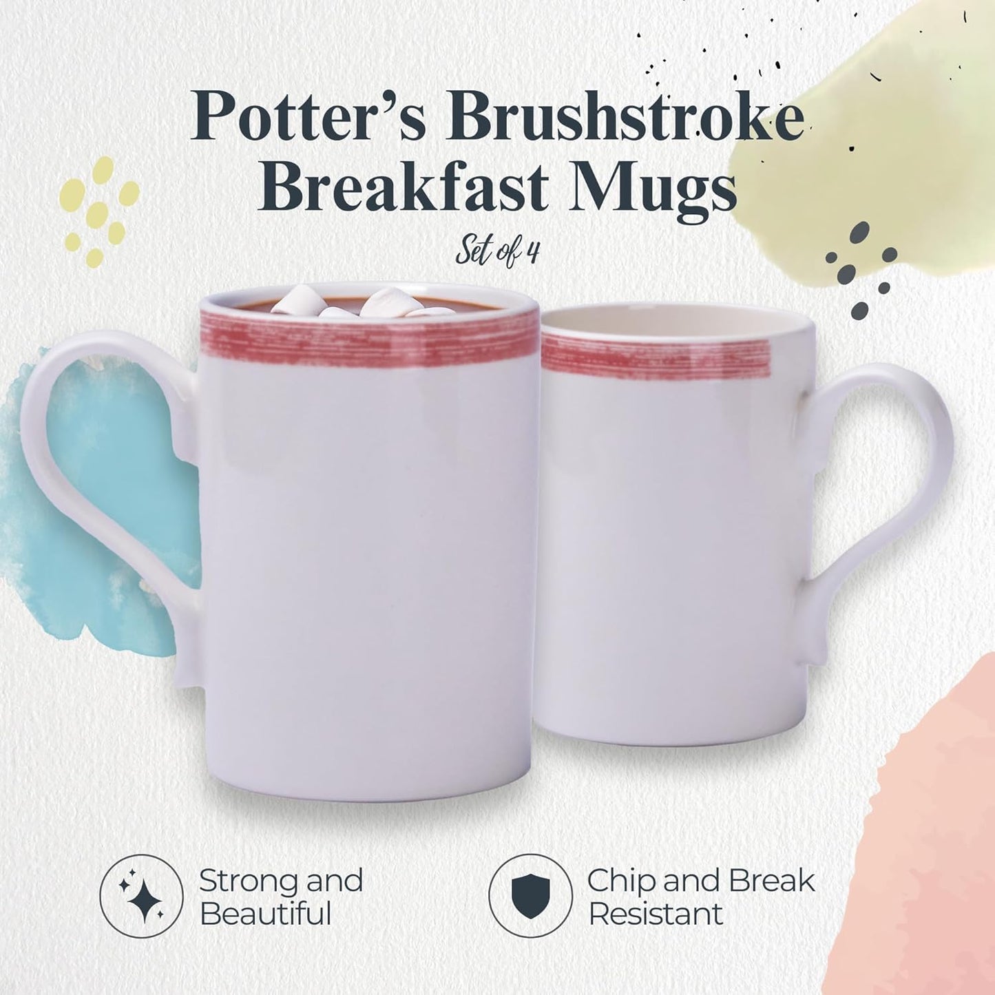 Portmeirion Potter's 9oz Brushstroke Breakfast Mug (Set of 4) - Elegant Earthenware Tea Mugs with Handle, Microwave, Dishwasher & Freezer Safe - Ideal Gift for Coffee Lovers (Brushstroke Red)