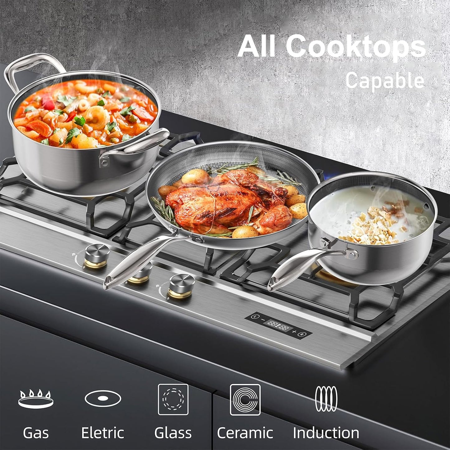COOKER KING Stainless Steel Cookware Set, Pots and Pans Set Non Stick, Hybrid Ceramic Cookware, Frying Pans, Saucepans & Stock Pot with Glass Lid, Non-Toxic, Oven Safe, Induction Compatible