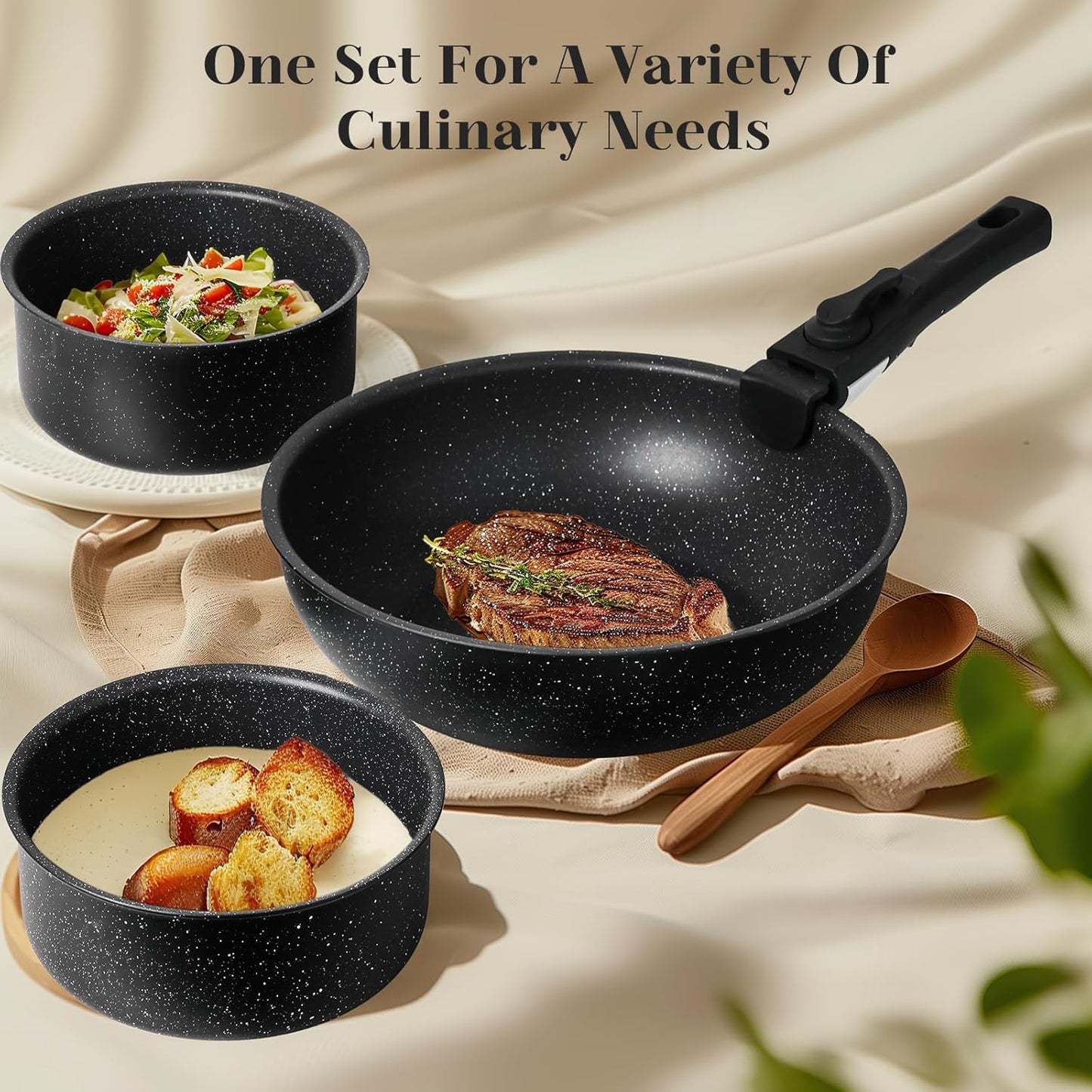 Sweetcrispy 12 pcs Pots and Pans Set, Nonstick Kitchen Induction Cookware Suit with Detachable Handle, Dishwasher Oven Safe, Pitch Black