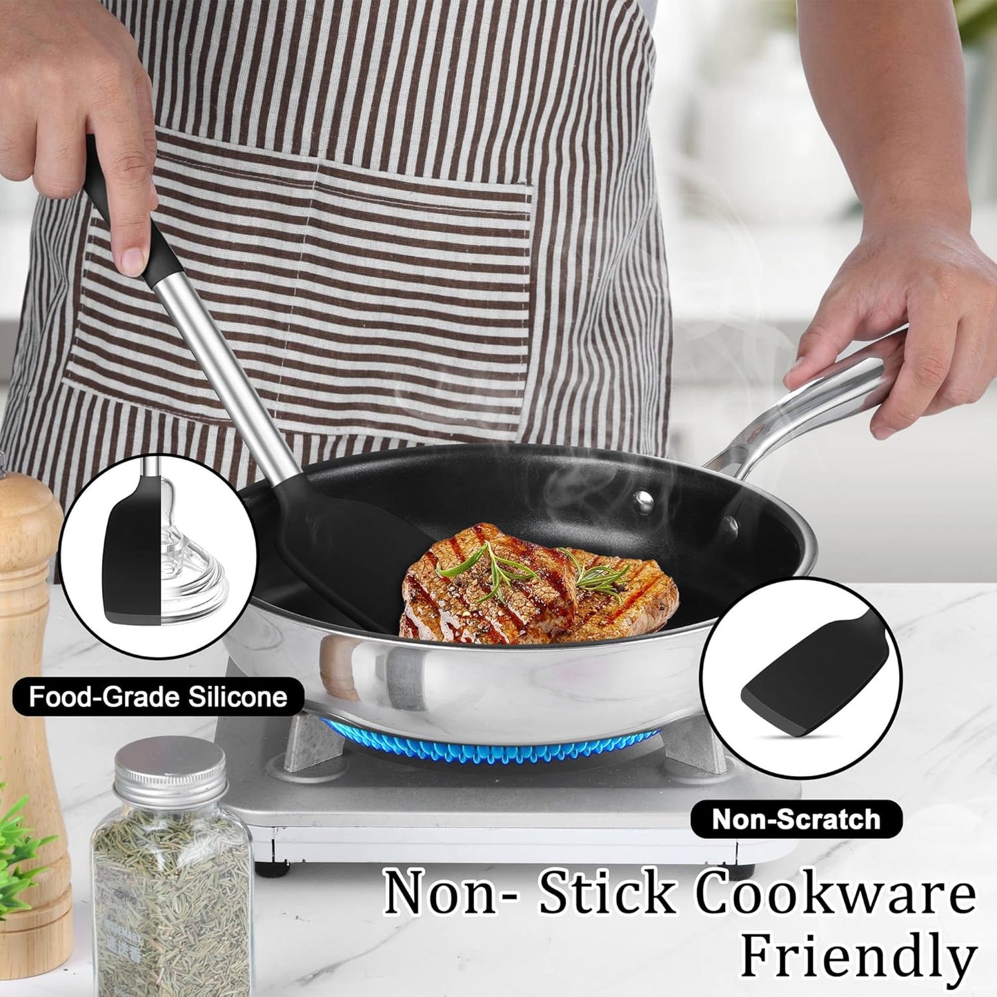 TeamFar Cooking Utensils Set, 5 PCS Silicone Kitchen Utensils with Stainless Steel Handle, for Nonstick Cookware Flipping Frying Turning Draining, Heatproof & Healthy, Nonstick & Easy Clean, Black