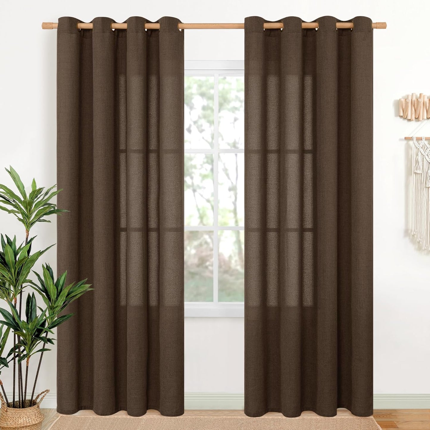 YoungsTex Brown Linen Curtains 80 Inch Length for Living Room, Chocolate Light Filtering Drapes Semi Sheer with Bronze Grommet Privacy for Bedroom Farmhouse Decorative, 52 x 80 Inch, 2 Panels