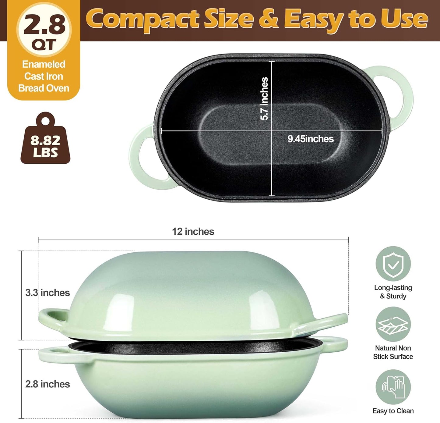 Homikit Enameled Cast Iron Dutch Oven for Bread Baking, 2.8 QT Oval Bread Oven Pot with Lid, Sourdough Loaf Iron Dutch Oven Pan for Roasting Cooking, Pistachio Green & Heavy Duty