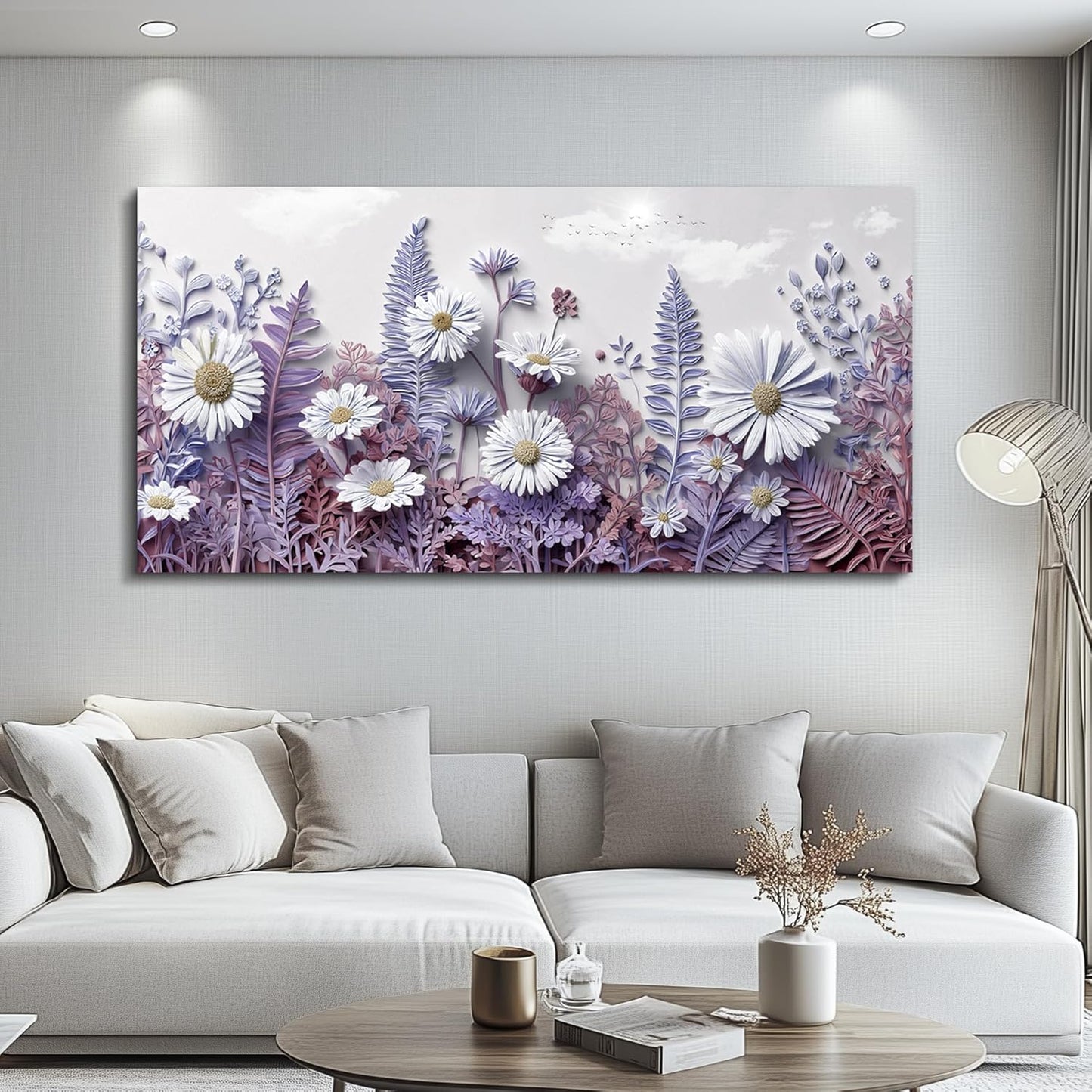 QIYILEXWART Large Wall Decor For Living Room Canvas Wall Art For Office Modern Wall Decorations For Bedroom Daisy Fern Landscape Painting Farmhouse Pictures Artwork Room Home Decor 24x48 In