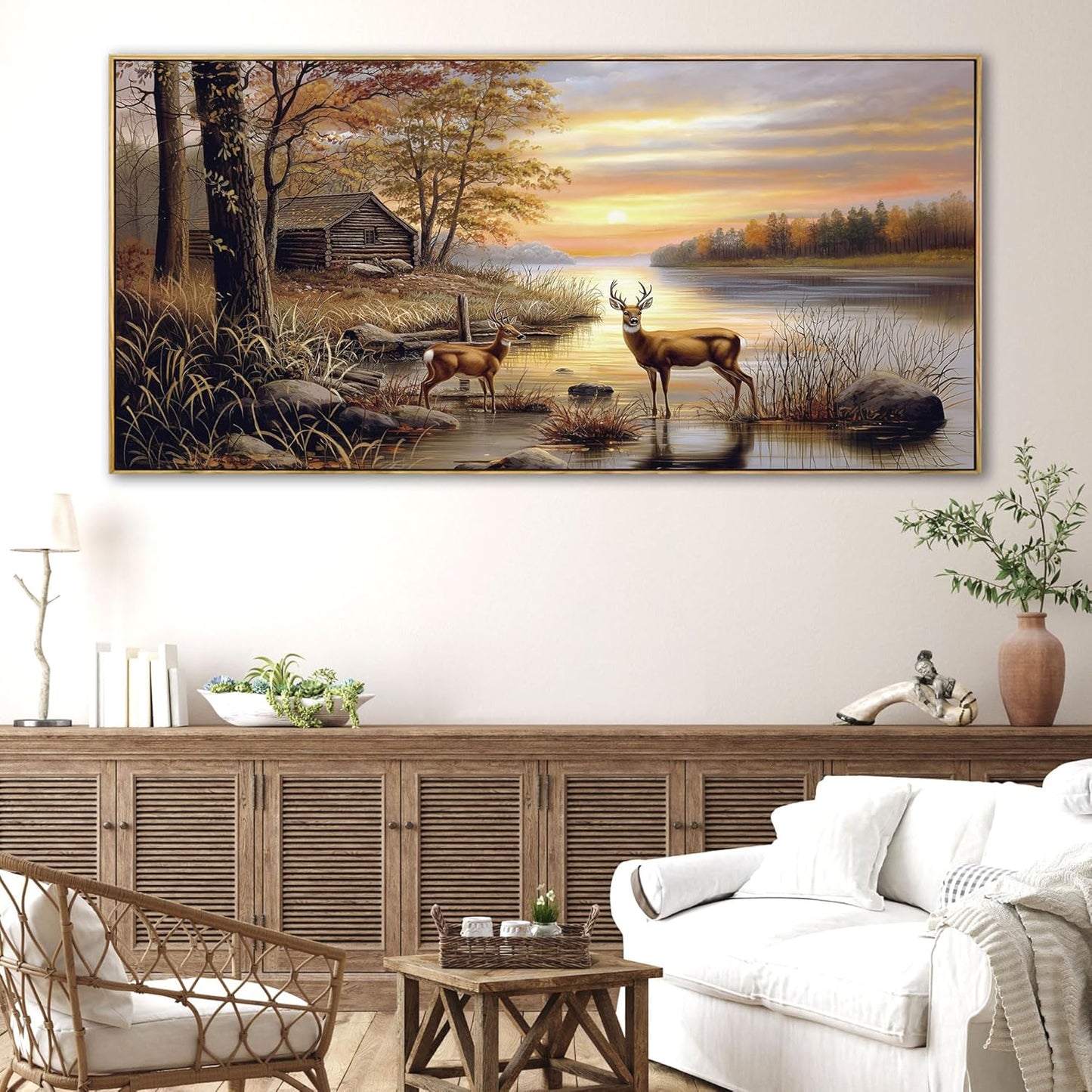 yiijeah Deer Pictures Wall Decor - Autumn Rustic Forest Cabin Painting Prints Wildlife Pictures Animal Elk Poster Large Canvas Wall Art Modern Hunting Decor Framed Artwork for Walls
