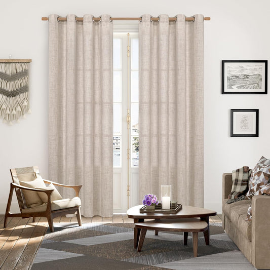 YoungsTex Curtains 84 Inch Length for Living Room, Beige Semi Sheer Drapes with Bronze Grommet Rustic Light Filtering Window Treatments for Dining Bedroom, 2 Panels, 52 X 84 Inch