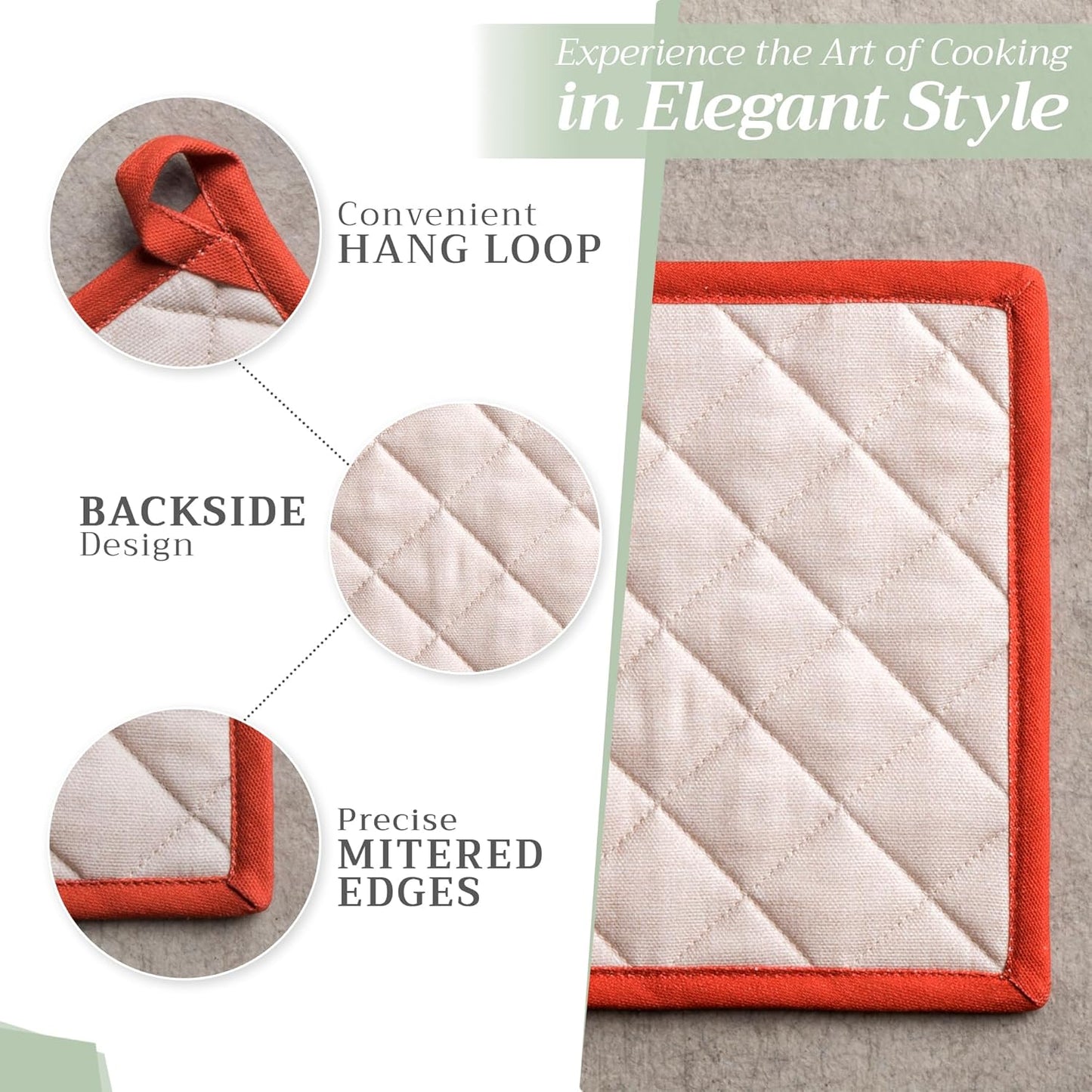 Maison d' Hermine 100% Cotton Oven Mitt & Pot Holder Set (7.5"x13" & 8"x8") Heat Resistant BBQ Cooking Gloves with Loop for Thanksgiving Christmas Decorations Handling Hot Pans (Potiron)
