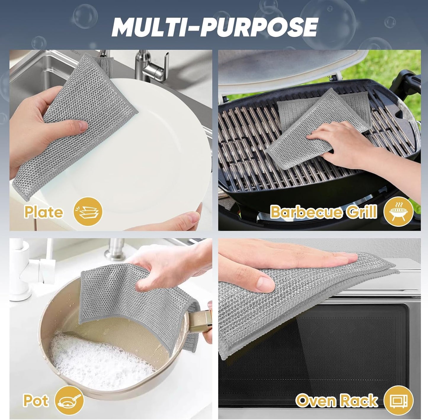 Orighty Multipurpose Wire Dishwashing Rag 24 Pcs, Upgraded Double-Layer Non-Scratch Wire Dish Cleaning Cloths, Reusable Steel Scrubber for Kitchen, Powerful Dishcloth Rag for Cookware, Grey, 7"x8"