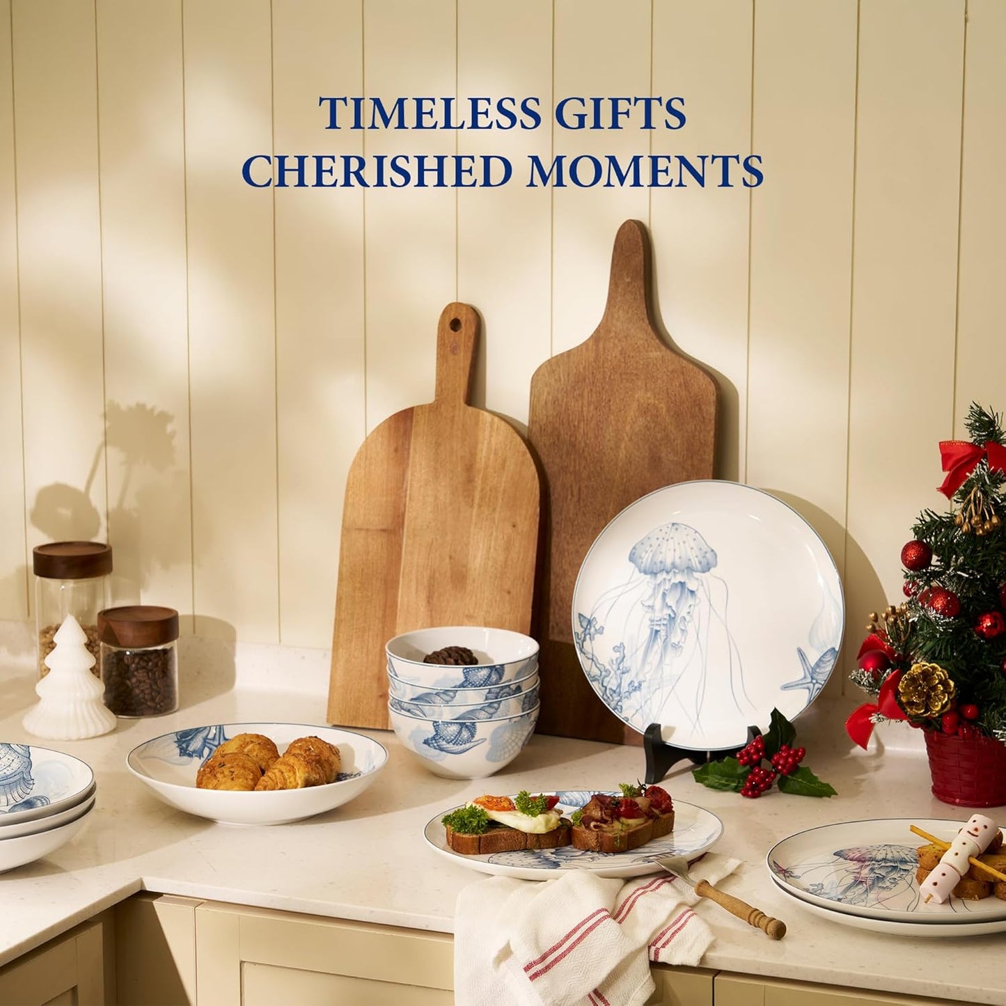 Minh Long 12-PCS Porcelain Coastal Dinnerware Set, Plates, Bowls, Service for 4, Chip & Scratch Resistant, Oven Safe up to 482°F, Non toxic, Lead & Cadmium Free, Stackable, Dishwasher & Microwave Safe