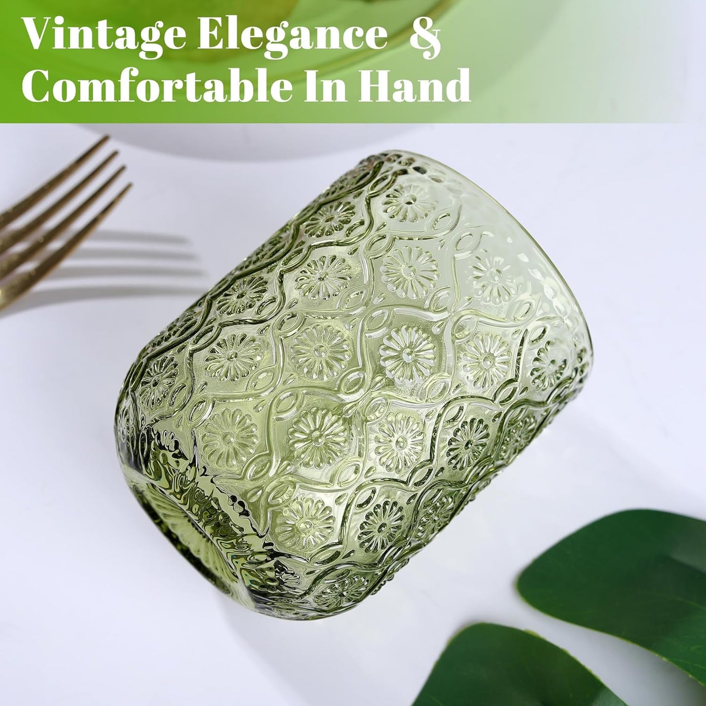 Joeyan Small Green Drinking Glasses,Vintage Embossed Floral Water Glass Tumbler Cups,Colored Beverages Cocktail Juice Wine Glassware,9 oz,Set of 4,Dishwasher Safe