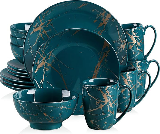 LOVECASA Porcelain Dinnerware Sets for 4, 16 PCS Plates and Bowls Set, Color Glaze with Gold Plate Dish Set, Dinner Sets with Dinner Plates, Dessert Plate, Bowls and Mugs, Dark Green