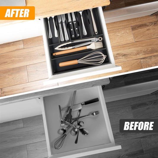 Bellsal Bamboo Silverware Drawer Organizer, Utensil Kitchen Drawer Organizer, Utensil Holder Cutlery Tray with Grooved Drawer Dividers for Kitchen Utensils and Flatware Bedroom Office (7 Slot, Black)