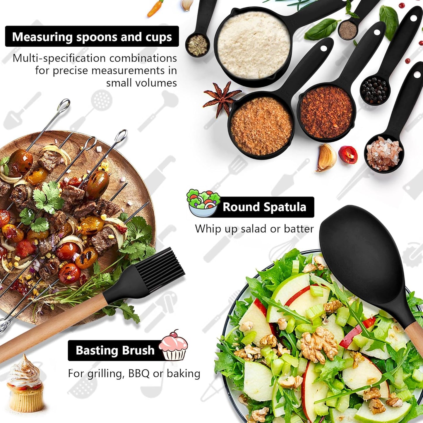 HaWare Kitchen Cooking Utensils Set, 23-Piece Silicone Kitchen Utensils Spatula Set with Holder, Heat Resistant Wooden Handle Kitchen Gadget for Nonstick Cookware, Food-grade Turner Spoon Sets (Black)