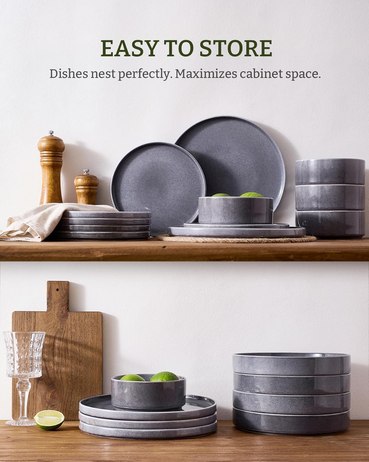 Famiware Annecy Plates and Bowls Sets, Service for 4 (16 Pieces), Dinnerware Sets with Pasta Bowls, Microwave and Dishwasher Safe Dishes Set, Chip and Scratch Resistant, Misty-Blue