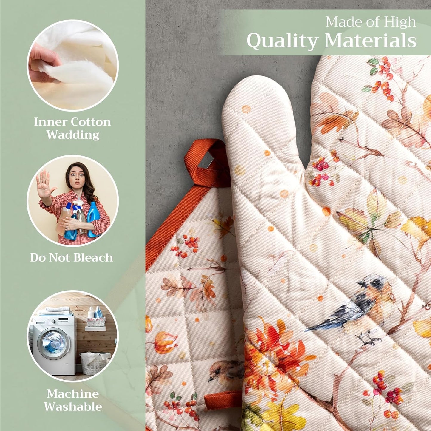 Maison d' Hermine 100% Cotton Oven Mitt & Pot Holder Set (7.5"x13" & 8"x8") Heat Resistant BBQ Cooking Gloves with Loop for Thanksgiving Christmas Decorations Handling Hot Pans (Kelim - Prairie)