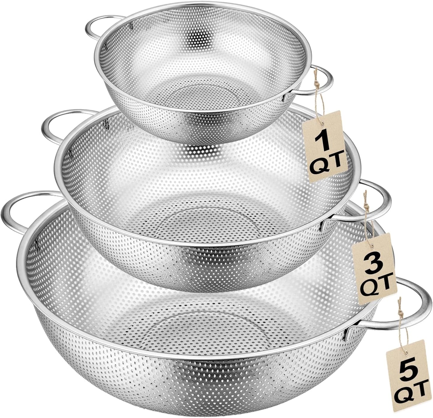 3-Piece Stainless Steel Colander Set with Handles - 5Qt/3Qt/1Qt Nesting Strainers for Pasta, Veggies, Fruit Drainage, Durable Micro-Hole Mesh for Fast Water Flow