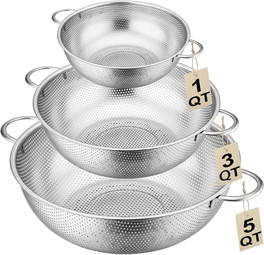 3-Piece Stainless Steel Colander Set with Handles - 5Qt/3Qt/1Qt Nesting Strainers for Pasta, Veggies, Fruit Drainage, Durable Micro-Hole Mesh for Fast Water Flow