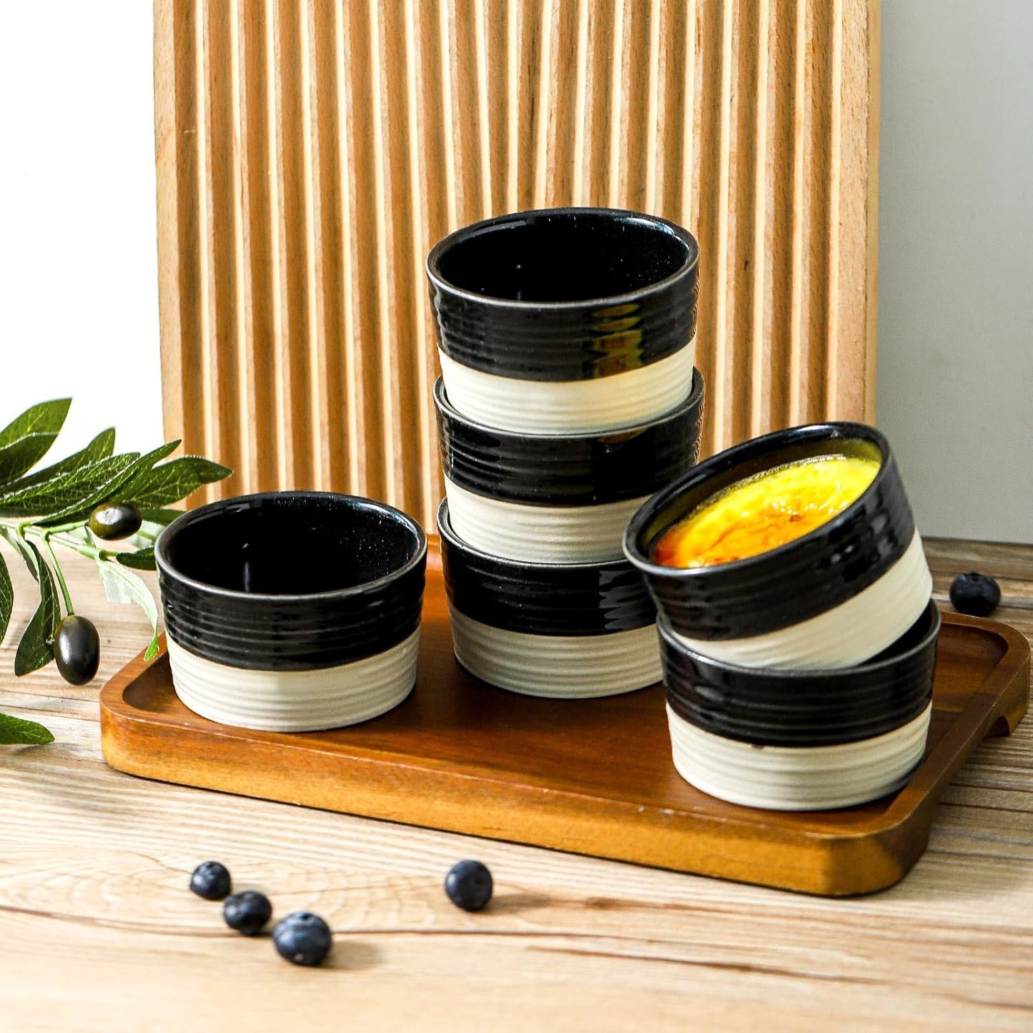 Ramekins 6 OZ for Creme Brulee Oven Safe,Ceramic Souffle Cups Set of 6,Small Dipping Sauce Cups for Charcuterie,Dessert,Dipping Sauce,Custard and Pudding,Microwave & Oven Safe,Patchwork Black