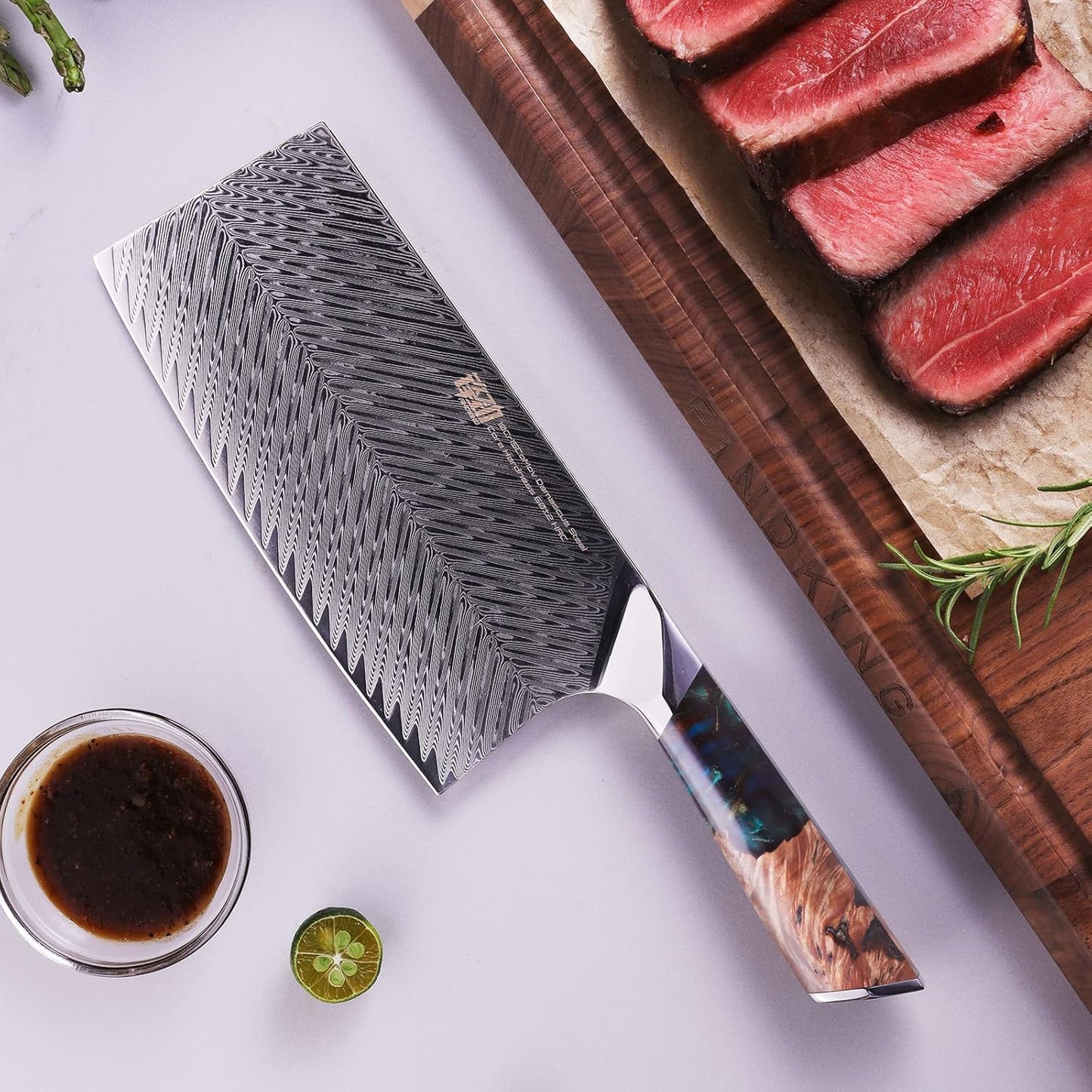 FINDKING Nebula Series Cleaver Knife, Multipurpose Chinese Chef Knife, 10Cr15CoMov Damascus Steel Blade, Resin and Figured Sycamore Handle, Full Tang, 7 Inch, Blue, for Meat, Vegetable Shredding